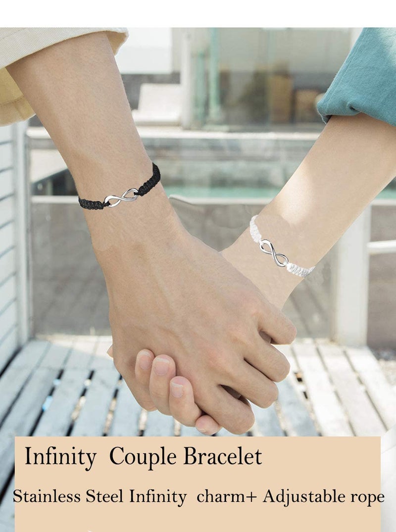 RINHOO 2PC/Set Stainless Steel 8 Infinity Couple Bracelet Braided Leather Rope Bangle Wrist Adjustable Chain Fit 7-9 Inch for Lover Friendship (2pc (black+white)) - Image 3